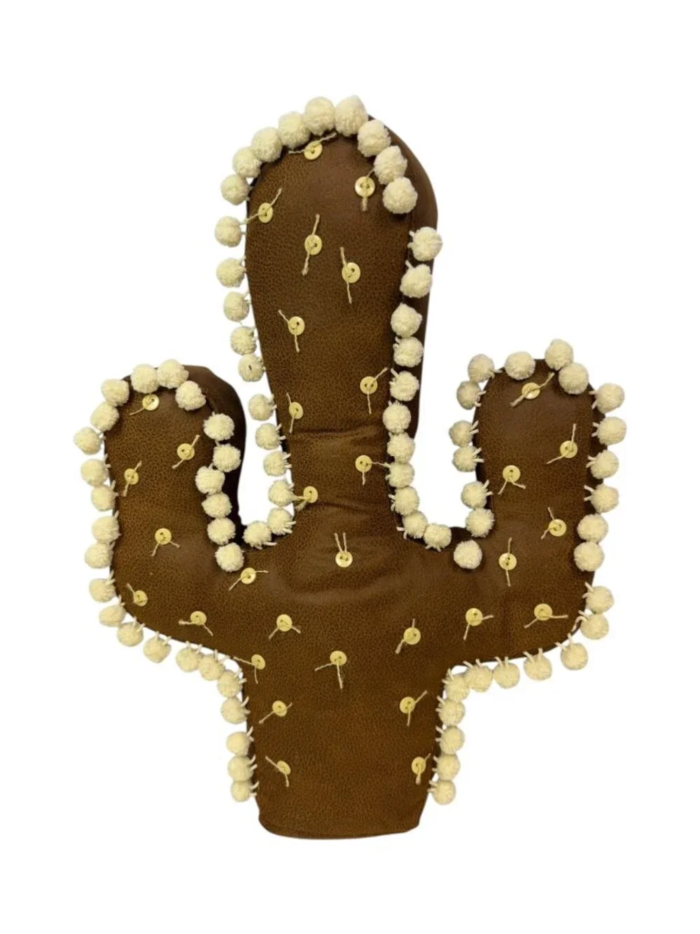 Southwestern Cactus Shaped Pillow Brown Pom Pom Button Rustic Boho 19x14